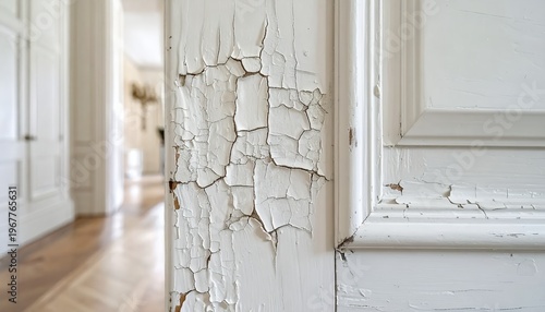 Close-up of peeling white paint on an old wall, showing damage and the need for renovation.
