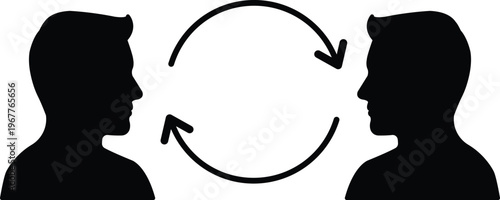 Two human profile silhouettes facing each other with circular arrows for exchange.