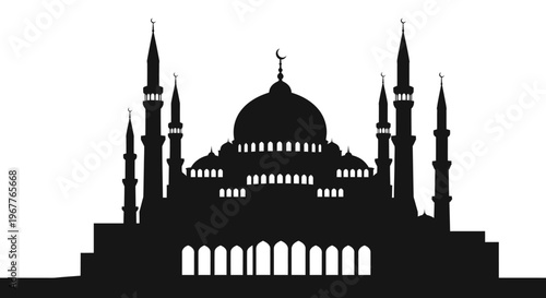Silhouette of a grand mosque with domes and minarets against a white background