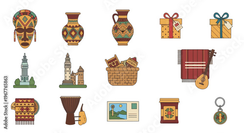 African Mask and Cultural Objects Icons Collection - Vector Illustration