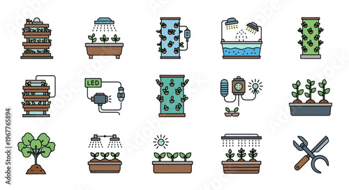 Vertical Hydroponics System Icons: Growing Plants Indoors with LED Lights and Water