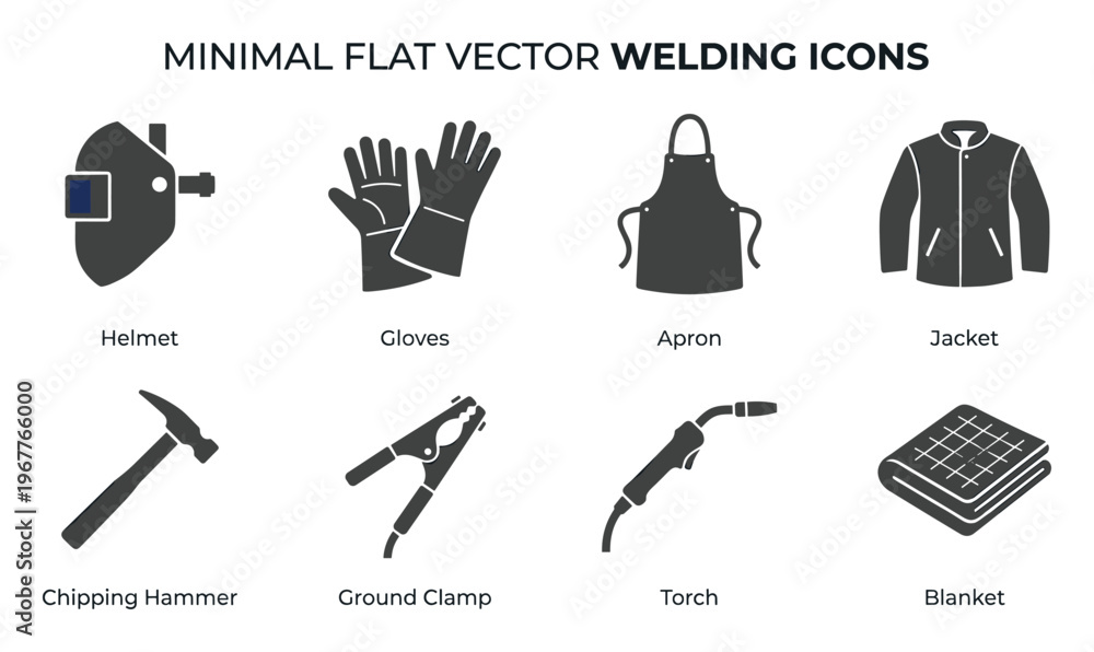 Fototapeta premium Minimalist Flat Vector Icons for Welding: Helmet, Gloves, Apron, Jacket, Hammer, Clamp, Torch, Blanket