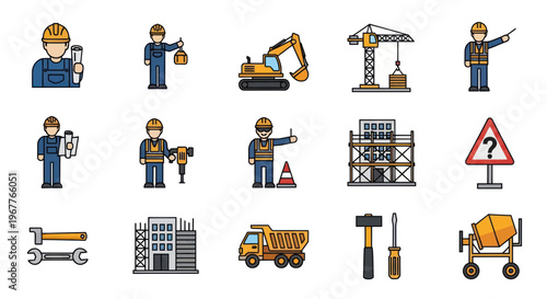 Construction Icons: Workers, Machinery, Buildings, Tools, and Safety Signs