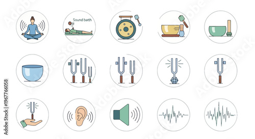 Sound Healing Icons: Meditation, Tuning Forks, Bowls, Gong, Ear, Sound Waves