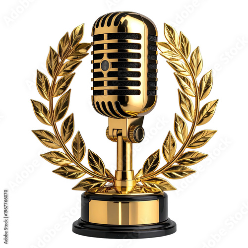 Golden vintage microphone award trophy with laurel wreath for outstanding performance achievement in music radio or entertainment isolated on black background