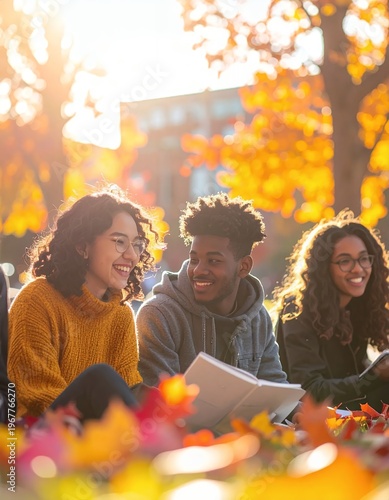 Diverse college students studying outdoors in autumn with vibrant fall foliage and warm sunlight.