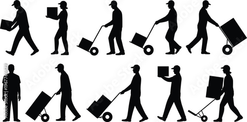 silhouette, workers, delivery, carrying, boxes, trolley, logistics, moving, loading, transport, warehouse, labor, service, courier, manual, job, activity, industry, people, working