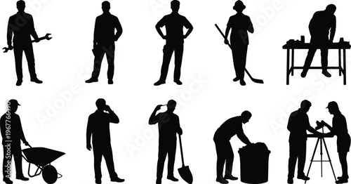 silhouette, workers, construction, cleaning, gardening, tools, equipment, labor, maintenance, industry, professional, builder, technician, service, manual, job, activity, working, people, outdoor