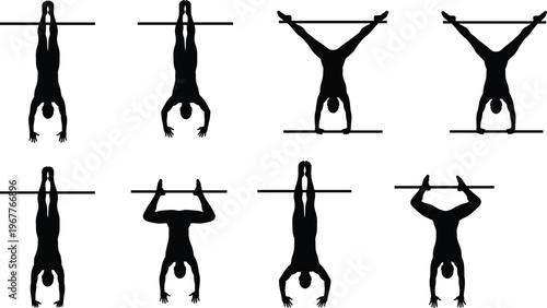 Gymnast silhouette set, horizontal bar poses, black vector icons, calisthenic strength moves, isolated clipart for fitness, sports, training, flexibility, motion