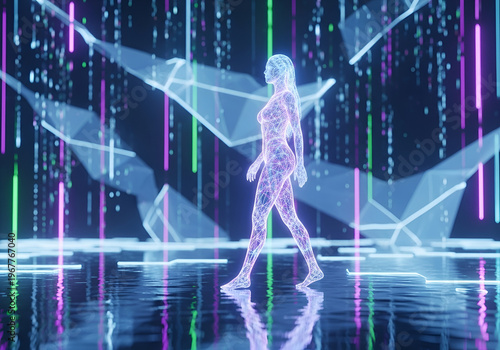 Woman walking through futuristic digital environment with neon lights and geometric shapes reflecting on wet floor