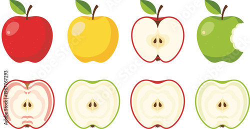 Apple Fruit Vector Illustration Set Featuring Red, Yellow, and Green Apples Whole and Sliced for Healthy Food, Nature, and Graphic Design Projects