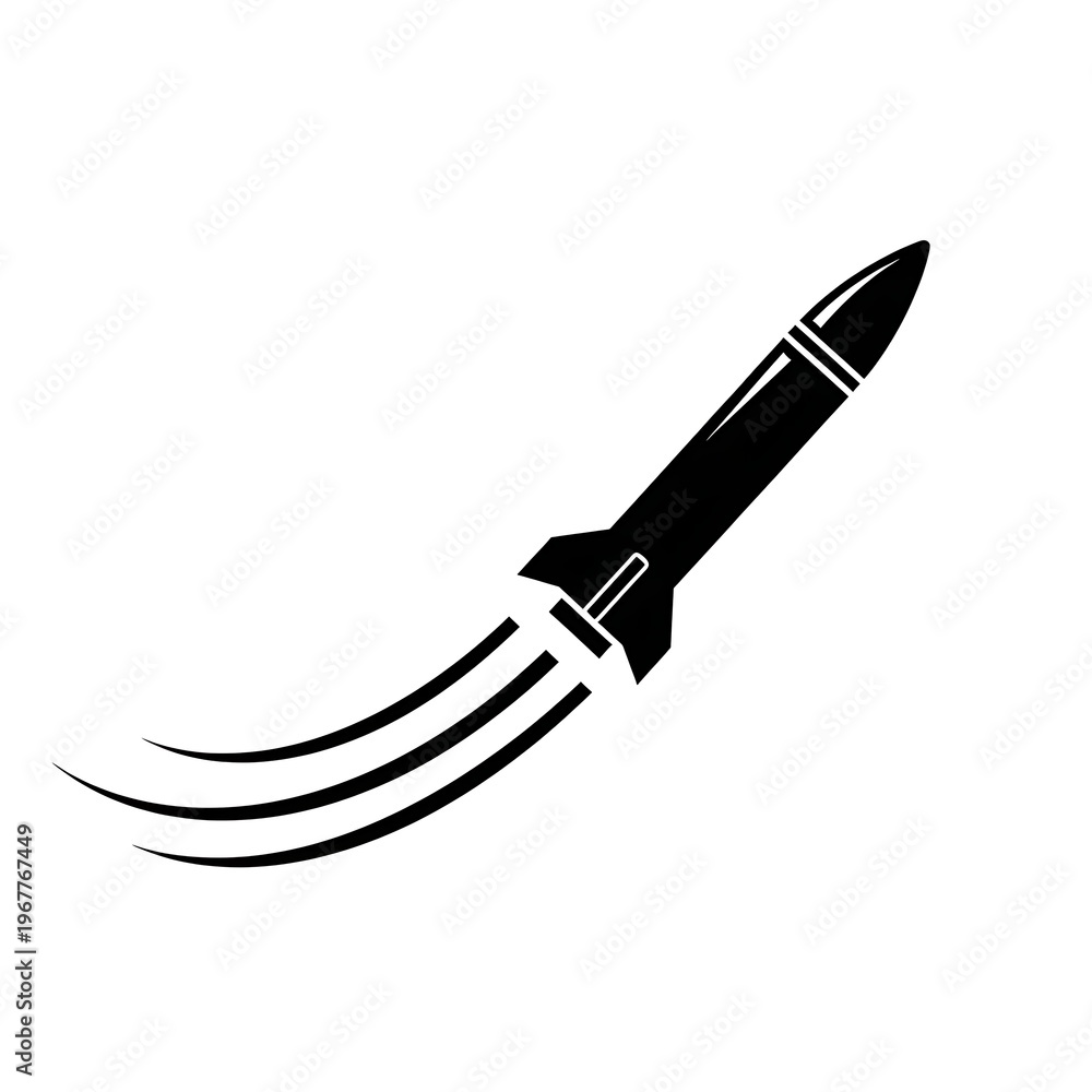 Obraz premium A sleek black silhouette icon of a rocket launching with a dynamic trail. Perfect for themes related to space exploration, technology, science, military, or startup concepts.