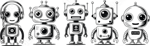 Hand-drawn vintage robot characters, engraved style illustration, cute mechanical cartoon robots with antennas, retro technology design, vector isolated on white background