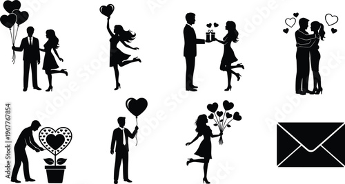 Black silhouette couple holding heart balloons giving gift embracing and planting heart flower with envelope