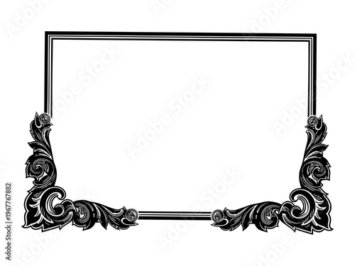 An ornate rectangular frame with floral details stands isolated on white