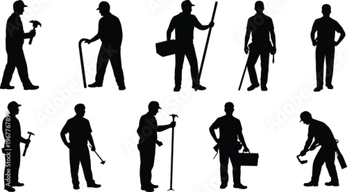 silhouette, workers, tools, hammer, crowbar, equipment, construction, repair, maintenance, industry, labor, professional, builder, technician, service, manual, job, activity, working, people