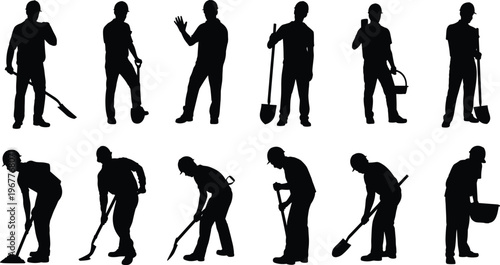 silhouette, workers, digging, shovel, tools, construction, gardening, equipment, labor, maintenance, industry, professional, builder, technician, service, manual, job, activity, working, people