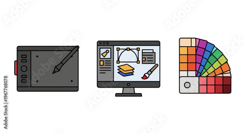 Graphic Design Tools: Tablet, Monitor with Software, Color Swatch