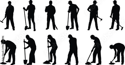 silhouette, workers, digging, shovel, tools, construction, gardening, equipment, labor, maintenance, industry, professional, builder, technician, service, manual, job, activity, working, people