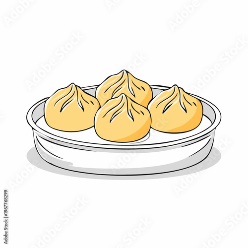Hand-drawn illustration of delicious Asian steamed buns, freshly prepared and served on a platter, representing traditional cuisine and culinary delight in a charming sketch style