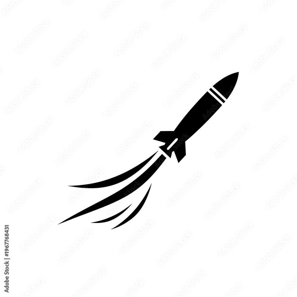 Obraz premium A sleek black silhouette icon of a rocket or missile ascending with a powerful trail. Ideal for themes of space travel, military, innovation, or startup launches. Clean vector graphic.