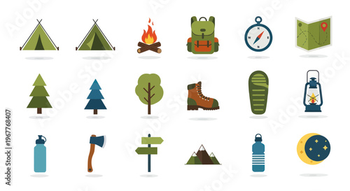 Camping and Hiking Icons Set: Tent, Backpack, Compass, Map, Fire, Boot, Sleeping Bag