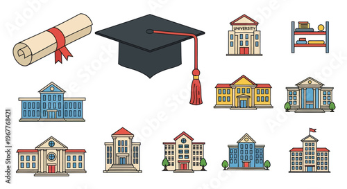 Education Icons: Graduation Cap, Diploma, University Buildings, Bookshelf