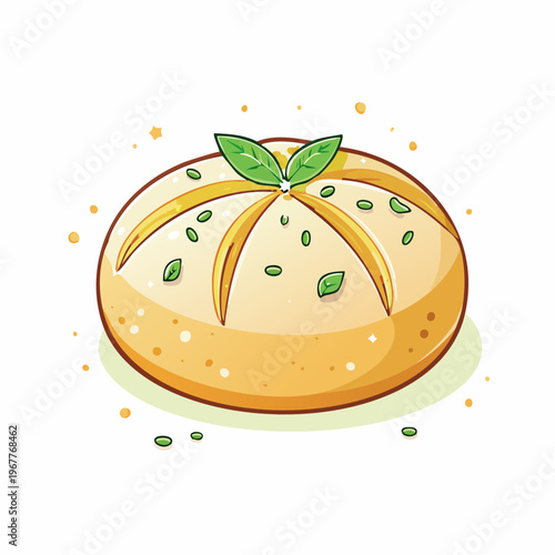 Delightful illustration of a warm, freshly baked savory herb bun, adorned with vibrant green leaves and aromatic sprinkles, perfect for a hearty meal or a comforting snack