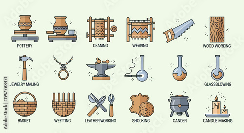 Crafts and Artisanal Skills Icons: Pottery, Weaving, Woodworking, Blacksmithing, Candle Making