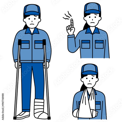 指・腕・足の怪我をしているつなぎ作業服の女性のセット