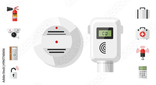 Home Security and Safety Icons: Smoke Detector, CO Alarm, Camera, Fire Extinguisher, Medical Kit