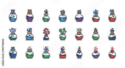 Magic Potion Bottles Collection, Elixir, Alchemy, Fantasy, Game Icons, Flat Design