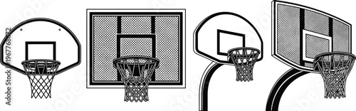 basketball hoop, backboard, net, sport, game, court, equipment, goal, scoring, athletic, training, play, basket, vector, illustration, silhouette, design, icon, set, collection