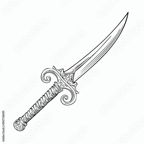 Vintage ornate dagger with a curved blade and decorative handle, a historical weapon