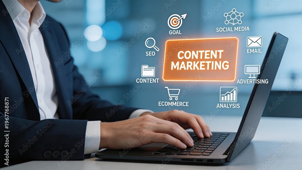 Fototapeta premium Businessman typing on laptop with content marketing strategy hologram icons including SEO social media email advertising ecommerce analysis goal and content for digital business