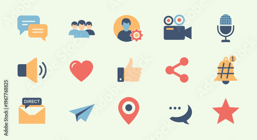 Social Media Icons Set - Communication, Networking, Likes, Sharing, Location, Media