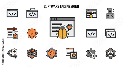 Software Engineering Icons: Coding, Debugging, Development, Bugs, Code Optimization