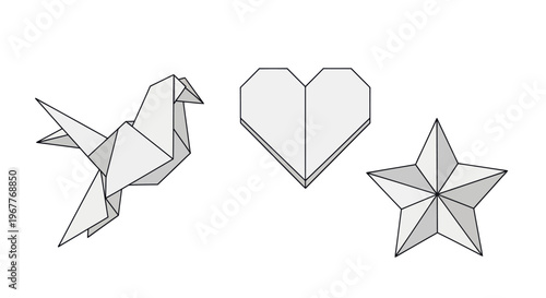 Origami Dove, Heart, and Star Icons - Simple Geometric Paper Folding Art