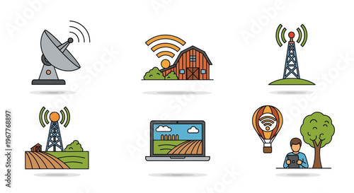 Smart Farming Technology Icons: Agriculture, Network, Innovation, Connectivity