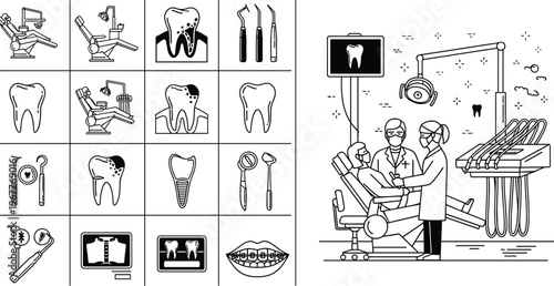 Dental clinic scene with dentists and patient alongside dental icons and equipment