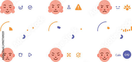 Facial emotion expression vector set with animated faces, mood indicators, gesture states and user reaction symbols for sentiment analysis design