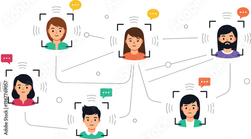 Social communication network vector with connected user avatars, chat interactions, facial recognition frames and digital messaging system illustration