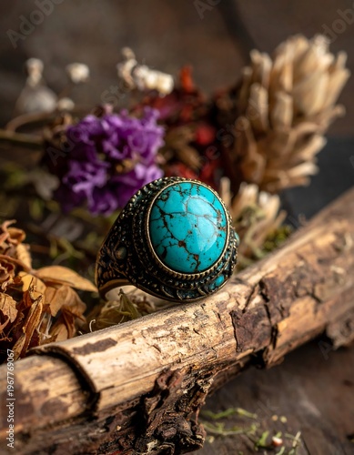 Ornate bronze ring with turquoise gem, set on rustic wooden branch