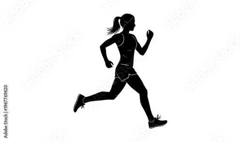 Running woman silhouette vector with female runner in mid stride isolated on white background