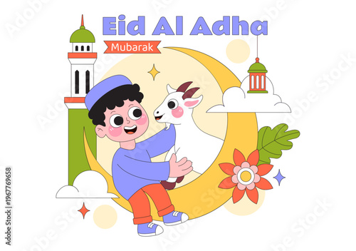Eid Al Adha Vector Illustration Featuring Muslim Children, Mosque Background, Sheep Sacrifice Symbol, and Islamic Holiday Celebration Design