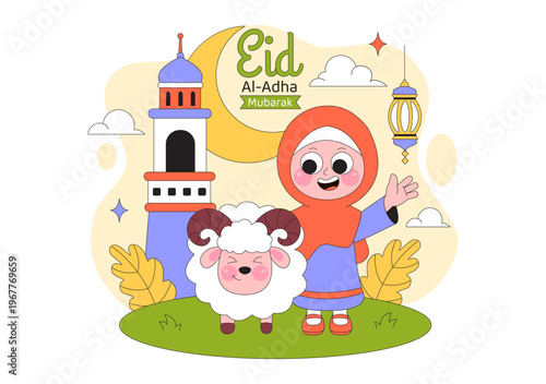 Eid Al Adha Vector Illustration Featuring Muslim Children, Mosque Background, Sheep Sacrifice Symbol, and Islamic Holiday Celebration Design