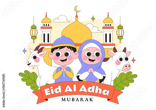 Eid Al Adha Vector Illustration Featuring Muslim Children, Mosque Background, Sheep Sacrifice Symbol, and Islamic Holiday Celebration Design