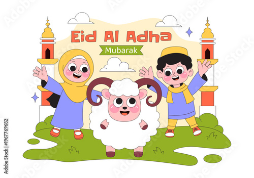 Eid Al Adha Vector Illustration Featuring Muslim Children, Mosque Background, Sheep Sacrifice Symbol, and Islamic Holiday Celebration Design
