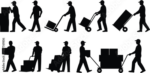 silhouette, workers, delivery, carrying, boxes, trolley, logistics, moving, loading, warehouse, transport, labor, service, courier, manual, job, activity, industry, people, working