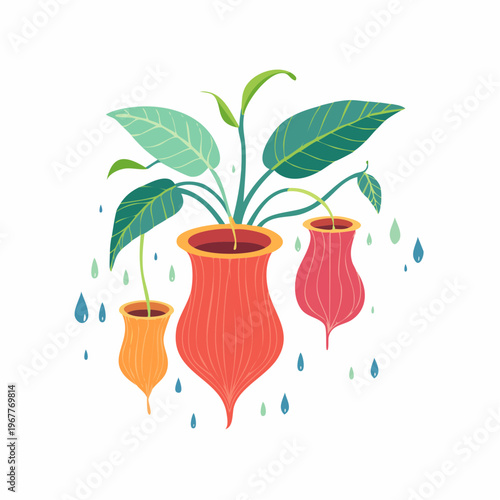 Whimsical cartoon illustration of potted plants with colorful, droplet-shaped vessels and falling raindrops, evoking a playful, natural theme